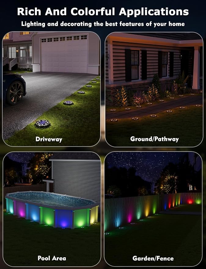 Color Changing Solar Ground Lights with Remote, IP67 Waterproof, 6Pack | 9-Color & 2 Dynamic RGB, 33ft Long Distance Remote Control, Dusk-to-dawn Light Up, Outdoor Flat Disk Light for Yard Lawn Path