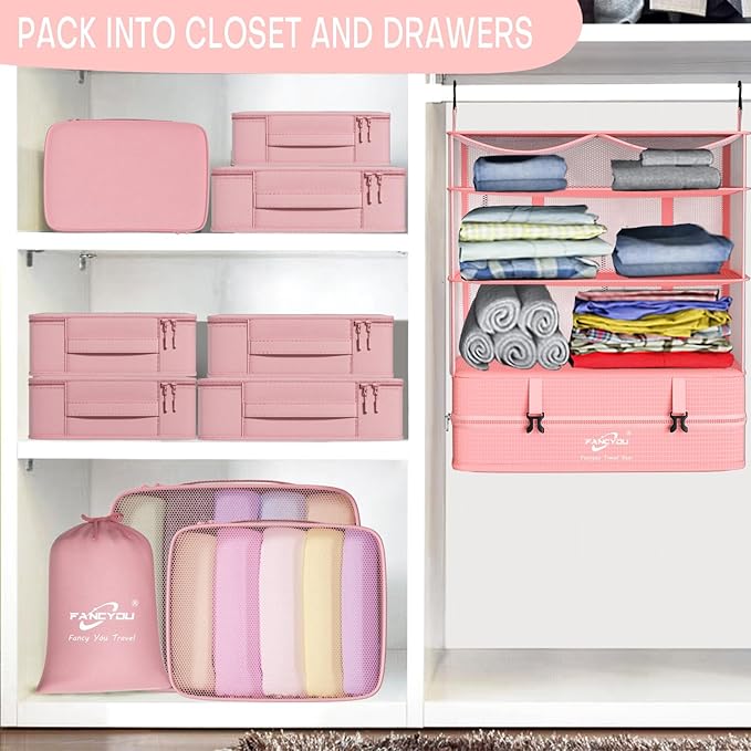 Compressible Packing Cubes Portable Hanging Closet Shelves 17"x12"x24" Extendable Travel Organizer Nylon Packing Bags for Suitcase