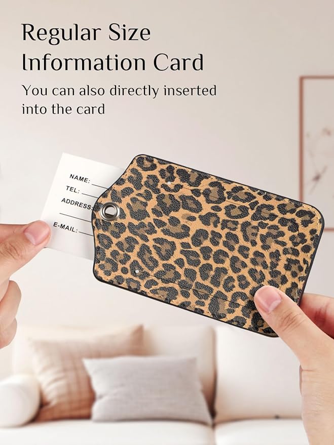 Seorsok 2 PCS Luggage Travel Tags for Suitcases,Cute Brown Leopard PU Leather Name Tag with Privacy Cover&ID Label Address Card and Durable Metal Ring Suitable for Men Women Handbags Backpack,Brown