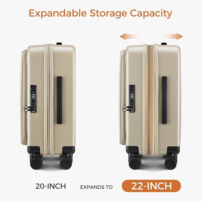 Carry On Luggage Top Opening with Cup Holder & Phone Holder, Expandable PC Hard Shell Suitcase, USB Charging Port, Side Hook, 360° Spinner Wheels, TSA Lock & YKK Zippers for Women Man Gifts