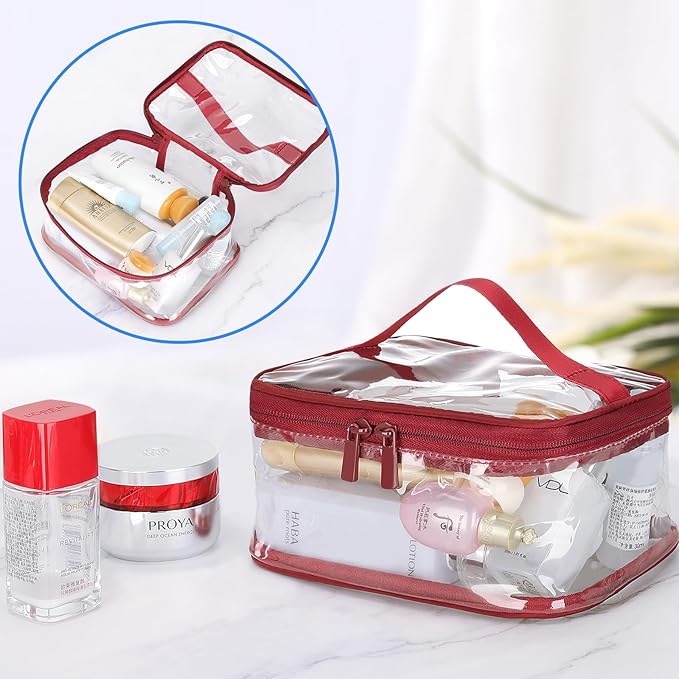 HAOGUAGUA 2 Pieces Clear Makeup Bags Cosmetic Toiletry Bags for Traveling, Waterproof Travel Transparent TSA APPROVED Carry On Airport Airline Compliant Bag (2 PIECES RED)