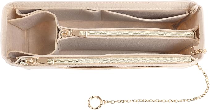 Purse Organizer Insert, Handbag Organizer with Zipper, Tote Shaper with Cup Holder & Keychain, Compatible with LV, Neverfull, MK, COACH, Longchamp, Kate Spade– Beige-Sl. Med