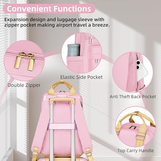 LARVENDER Luggage Sets 3 Piece Expandable Carry on Luggage 22x14x9 Airline Approved Hardshell Suitcase with Wheels TSA Lock, Lightweight Suitcase Set for Women with Travel Backpack, Light Pink