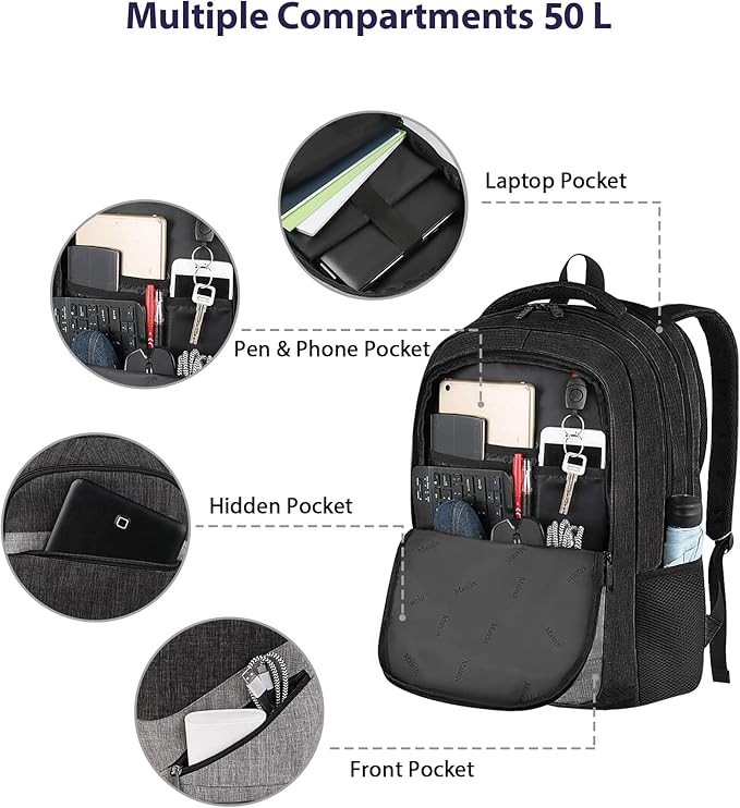 MATEIN Extra Large 50 L Travel Laptop Backpack, Water Resistant Work Computer Backpack with Anti Theft Pocket, TSA Friendly Business Daypack with Multiple Organizer Pockets for Men, Black Grey