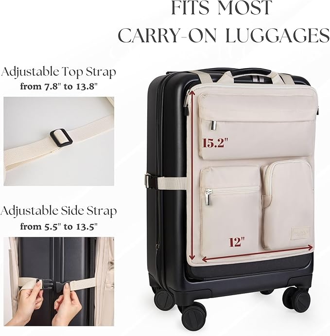 BAREFOOT CARIBOU Over Luggage Organizer for Carry On Bag or Suitcase with Storage Pockets, 16” Laptop Sleeve with Handle, Travel Accessories Bag Slide On Luggage Harness with Adjustable Straps (Ivory)