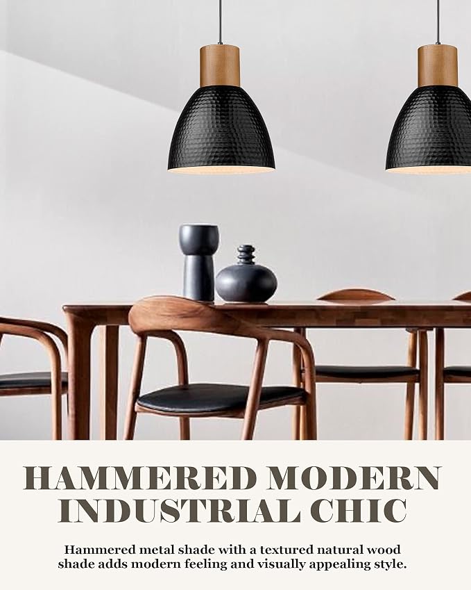 ELYONA 2 Pack Hammered Pendant Lights, 10.2” Industrial Metal Solid Wood Hanging Lamp, Modern Island Pendant Light Fixtures for Kitchen Bar, Farmhouse Dining Room, Bedroom, Living Room, Office, Black