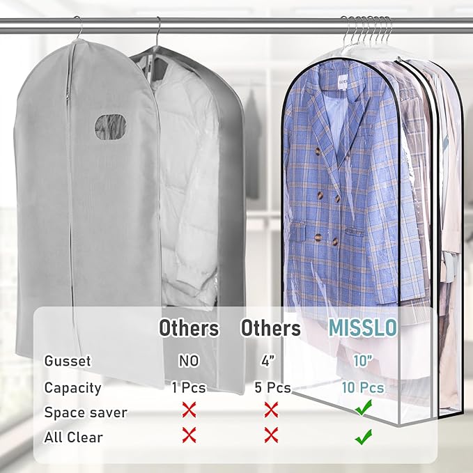 MISSLO 10" Gusseted All Clear Garment Bags for Hanging Clothes 40"+50" Suit Bags for Closet Storage Dresses Protectors for Shirts, Coats, Gowns, 3 Packs