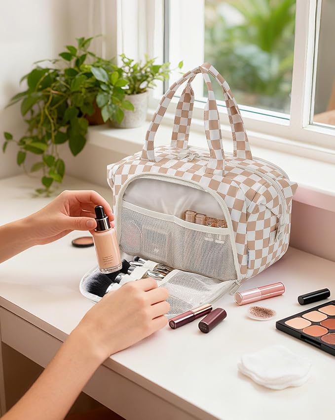 Narwey Travel Toiletry Bag for Women, Checkered Large Makeup Bag, Wide Open Cosmetic Make Up Organizer, Wet Pocket for Towel, Travel Bag for Toiletries, Brushes, Essentials (Light Brown Checker)