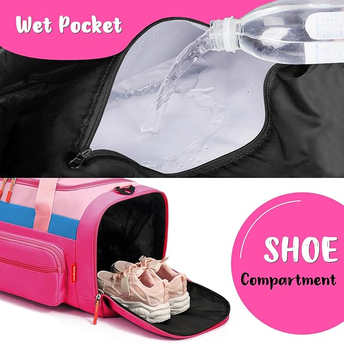 WOOMADA Kids Duffle Bag for Boys or Girls,Weekender Overnight Bag with Shoe Compartment & Wet Pocket Perfect For School, Sports, Overnight Trips(Hot Pink)