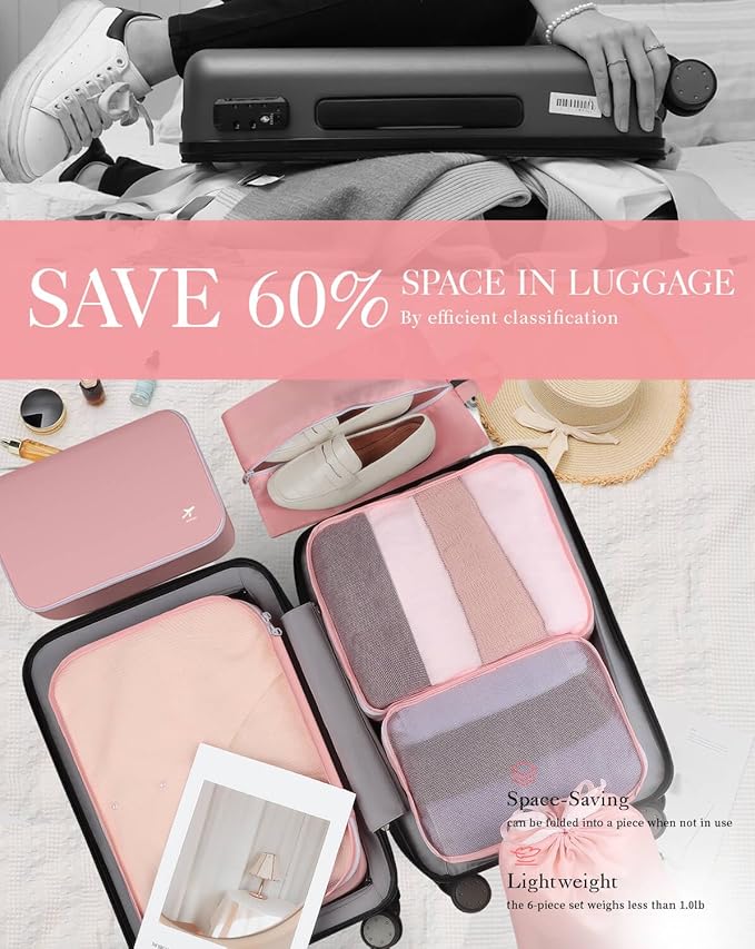 HOTOR Packing Cubes for Suitcases - 6 Pieces, Light Packing Cubes for Travel, Premium Suitcase Organizer Bags Set, Space-Saving Luggage Organizers, Travel Accessories and Essentials, Pink