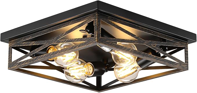 Farmhouse Rustic Ceiling Light for Kitchen, 4-Light Hallway Flush Mount Light Fixtures Ceiling Mount, Industrial Metal Cage Ceiling Light for Farmhouse,Kitchen,Hallway E26 Base (1 Pack 13in)