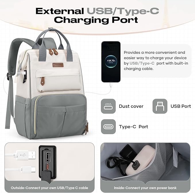 Maelstrom Travel Backpack for Women Men,Laptop Backpack Fits 15.6-17.3 Inch Laptop, Nurse/Work Bag with Insulated Lunch Box (Gray-beige)