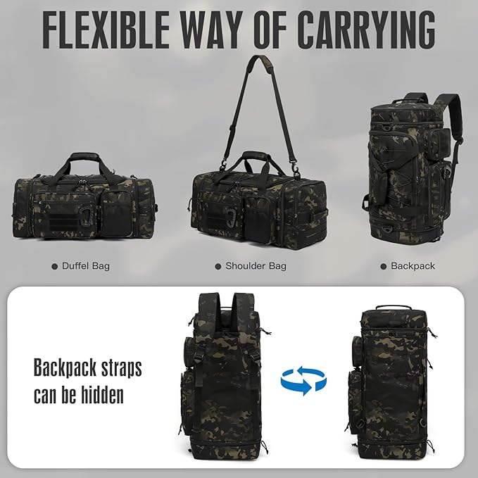 3 in 1 Tactical Gym Bag Backpack for Men 40-45L Expandable Travel Duffle Bag for Women Large Military Sport Duffel Bags Weekend Overnight with Shoe Compartment & Wet Pocket for Fitness, Camo