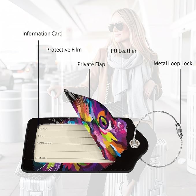 2 Pack Colorful Art Kitten Animal Luggage Tags Travel PU Cute Cat Leather Luggage Tag Name ID Labels with Privacy Cover Suitcases Women Men Girls Boys Fun Laggage Tags(Colorful Cats)