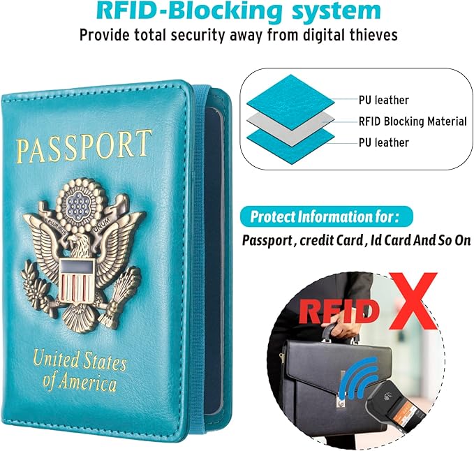 Passport Holder for Travel Men, RFID Blocking Passport Wallet Cover Case, Waterproof Leather Travel Wallet for Men Women, Document Protector for Traveling Accessories-Lake Blue