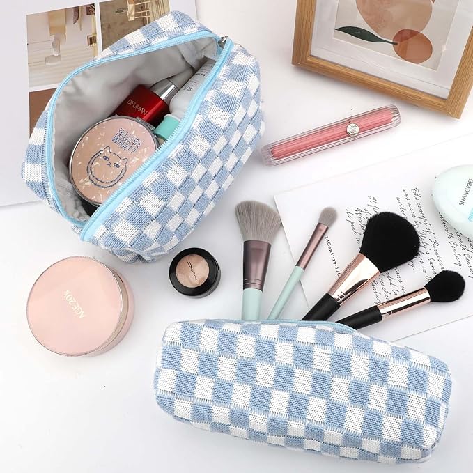 EIMMBD Makeup Bag 3 Pieces Large Capacity Checkered Cosmetic Bags Travel Toiletry Bag Organizer Cute Makeup Pouch Storage for Women(Blue)
