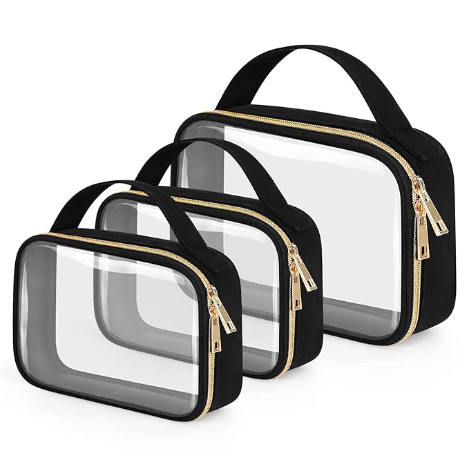 Wedama Clear Toiletry Bag, 3 Pack Clear Makeup Bags with Handles, PVC Cosmetic Bags for Women and Men, Large Opening Toiletry Bags, Black