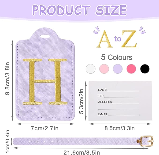 Initial Luggage Tags for Suitcases, Cute Embroidered Letter Luggage Bag Suitcase Identifier Name Baggage Tag, PU Leather Travel Luggage Tags, Bag Tags for Men Women Kids Luggage Handbags(Purple H)