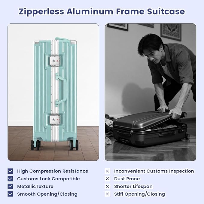 20 Inch Carry On Suitcase, Aluminum Frame Zipperless Hard Shell Luggage with Spinner Wheels, TSA Lock, USB Charging Port, Phone Holder, Cup Holder for Business Travel and Trips, Mint Green