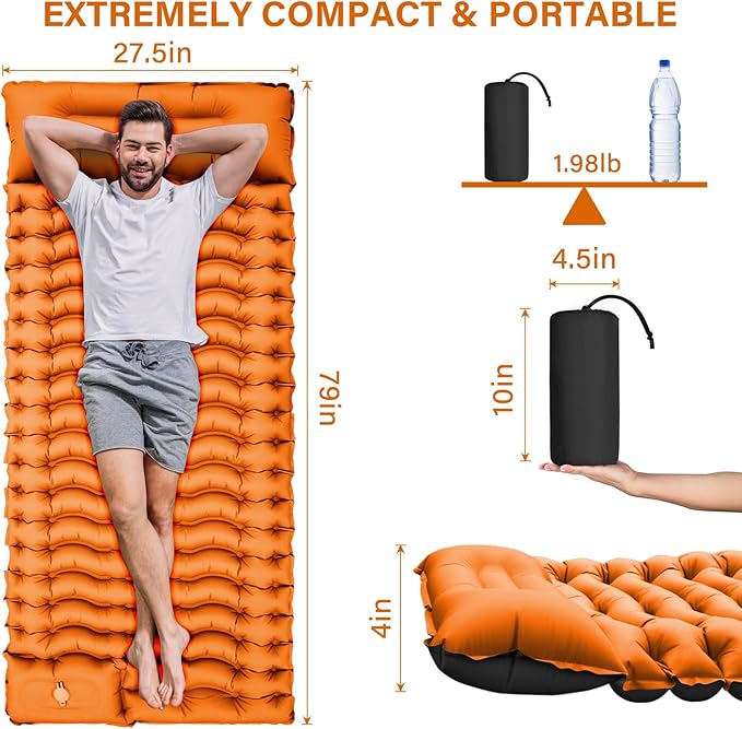 Camping Sleeping Pad, Ultralight Camping Mat with Pillow Built-in Foot Pump & Pillow, Upgraded Compact Camping Air Mattress for Tent, Backpacking-Orange