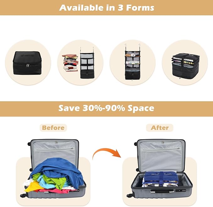 Surblue Hanging Closet Storage Bag Collapsible 3-Shelf Washable Oxford Fabric with 2 Hooks (L 11.41 * 11.41 * 19.68in, Black)