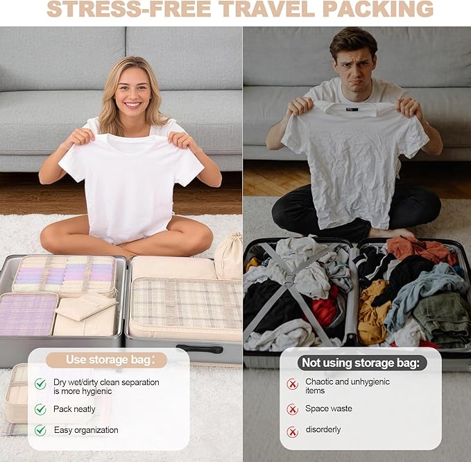 8 Set Packing Cubes for Travel,Suitcase Organizer Bags for Luggage with Shoe & Hanging Toiletry Bag, Vacation Essentials & Accessories for Cruise Ship, Airplane Must-Have,Road Trip & Camp Gifts(Cream)
