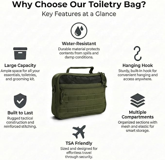Mens Toiletry Travel Bag, Tactical Toiletry Bag for Men, Bathroom Hanging Travel Toiletry Bag for Men Shaving Hygiene Bag Travel Toiletry Organizer Short Trips Bag, Green