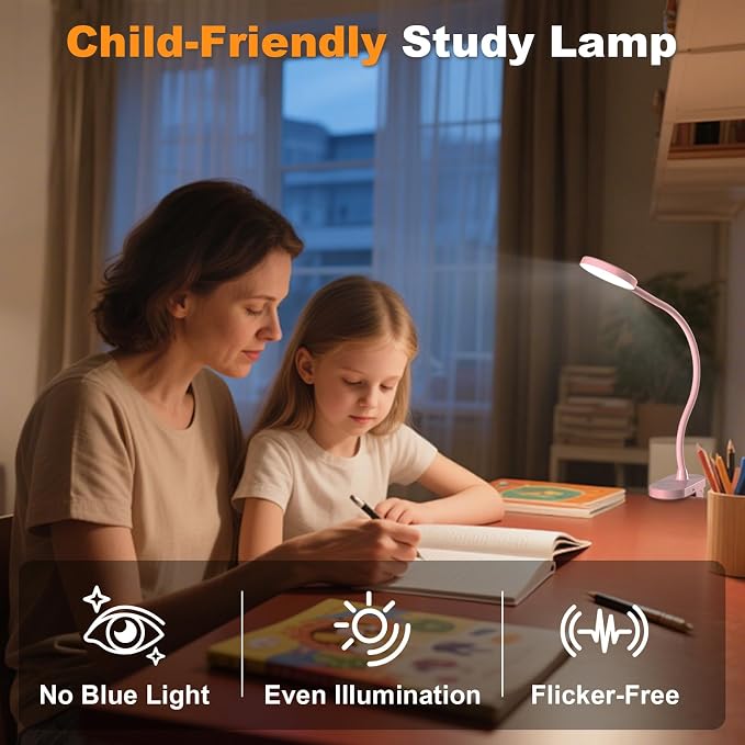 Rechargeable Clip on Light for Bed, Cute LED Reading Lamp for Girls Dorm Room, Portable Book Light with Clamp on Headboard Bedside Table, Flexible Lamp with 3 Color Temp & 10 Brightness (Pink/3.5'') | 10 Brightness Levels, Clamp Lamp with USB-C, 15.8''...