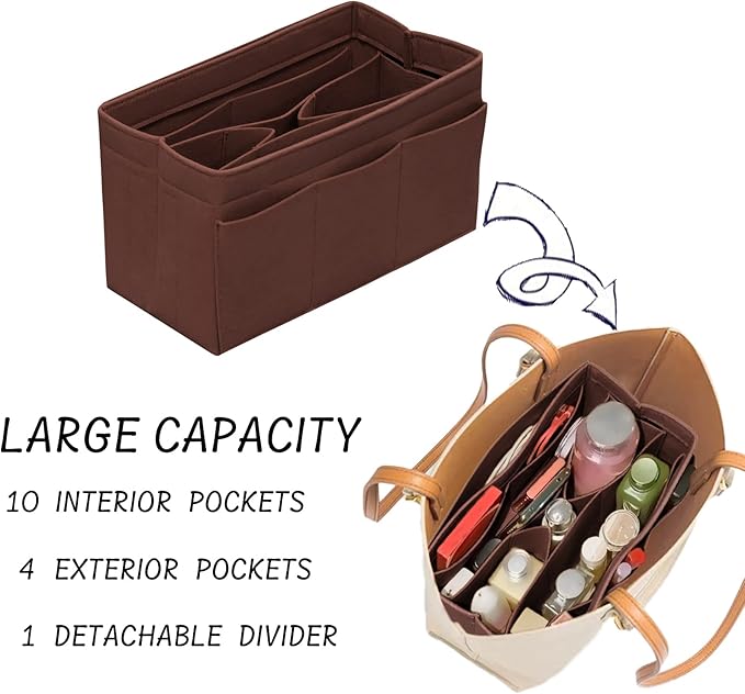 DailyPlus Purse Organizer Insert Felt Bag Organizer Handbag Organizer Insert Bag In Bag Organizer for Tote Purse Bag 14 Pockets Brown Large