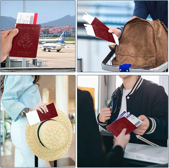 Passport Holder Cover Wallet Case RFID Blocking Leather Card Slot Travel Accessories Documents Organizer Protector for Women Men, Wine Red