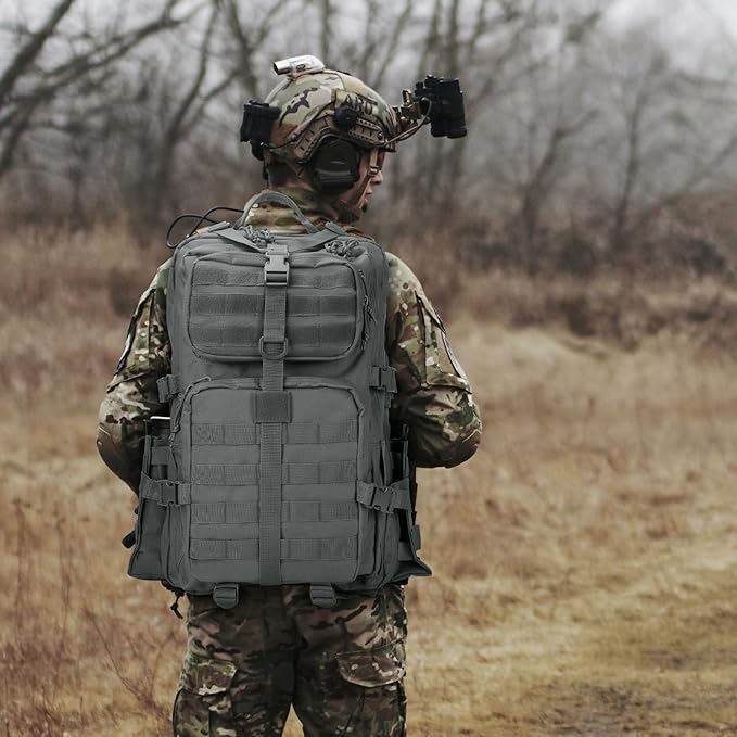REEWBOW GEAR 40L Military Tactical Backpack For Men 3 Day Survival Heavy Duty Daypack MOLLE Bug Out Bag Hiking Rucksack (Grey with Bottle Holder)