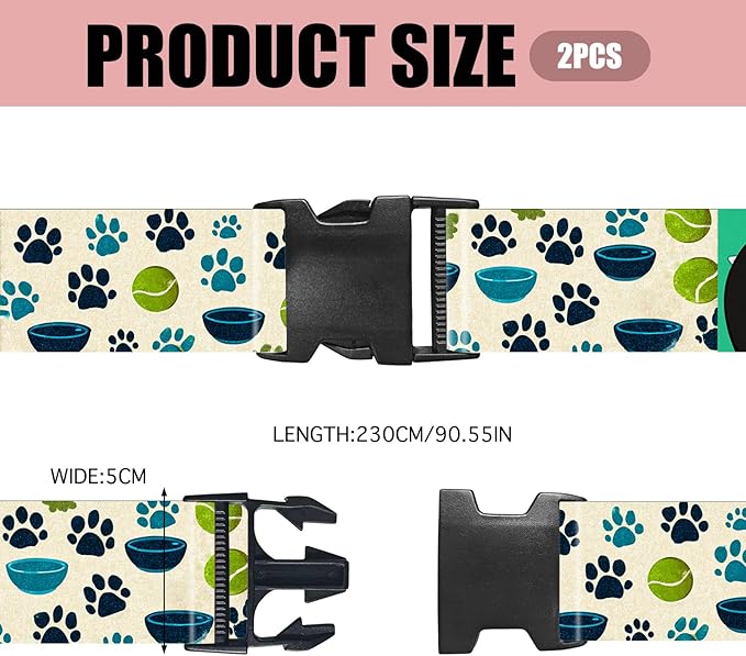 Nuxovilar Luggage Straps of 2 Set Pet Paws Bowls Tennis Balls Pattern, 1.96x90.5 inches - Luggage Straps for Suitcases, Ideal for Pet Owners, Travel, Outdoor Trips