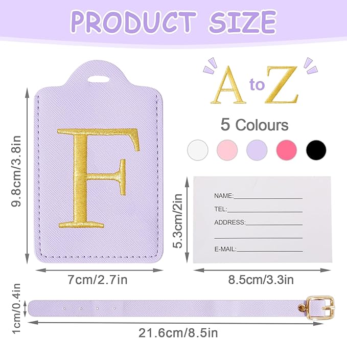 Initial Letter Luggage Tags for Suitcases, Embroidered Monogrammed Suitcase Luggage Identifier Name Tag, PU Leather TSA Approved Luggage Tags, Bag Tags for Men Women Kids Luggage Handbags(Purple F)