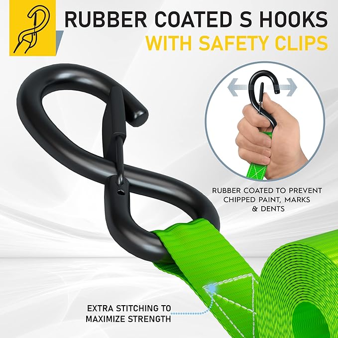 AUGO Ratchet Straps Heavy Duty 4 Pack -15 FT - 2200 LB Break Strength – Ratchet Tie Down Straps with Safety Lock S Hooks - Cargo Straps for Moving, Appliances, Motorcycle – Soft Loop Tie Down Straps
