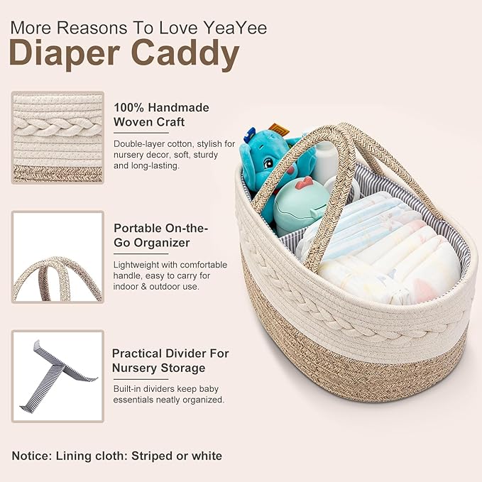 Baby Diaper Caddy Organizer, Portable Nursery Storage Basket with Changeable Compartments, 100% Cotton Woven Rope Baskets, Car & Changing Table Tote, Newborn Gift