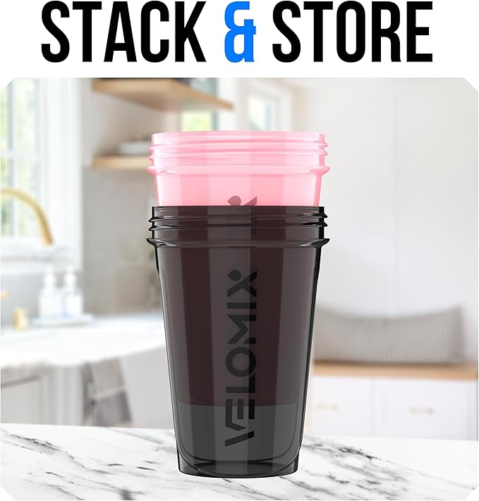 VELOMIX -2 Pack- 20 oz Protein Shaker Bottles for Protein Mixes - 2x Wire Whisk | Leak Proof Shaker Cups for Protein Shakes and Pre Workout | Protein Shaker Bottle Pack (Pink/Black)