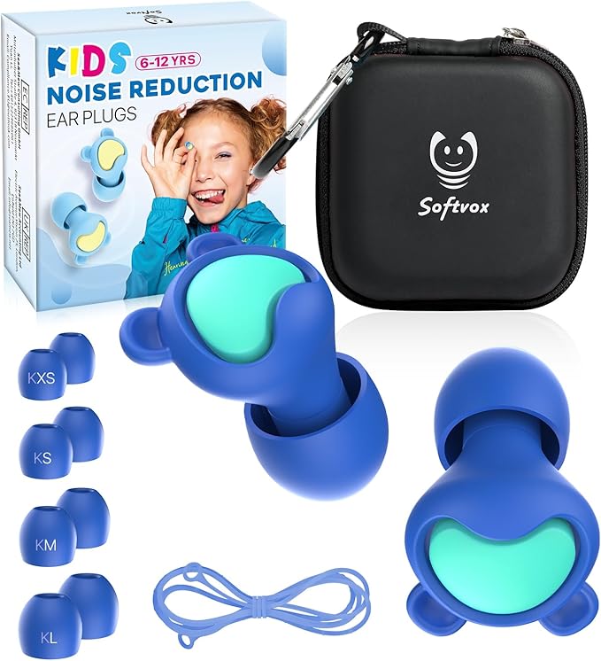 Kids Ear Plugs (6-12 Years) with Cord, Kids Ear Protection Reusable Noise Relief Earplugs for Focus, Travel, Concert, Socializing, Events, Sleep, Anxiety, Home, School, Playtime -26dB Noise Reduction