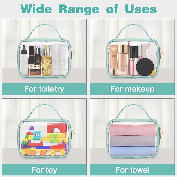 Wedama TSA Approved Toiletry Bag, 3 Pack Clear Makeup Bags with Handles, Quart Size PVC Clear Cosmetic Bags for Women and Men, Carry on Airport Airline Compliant Bag, Cyan Green