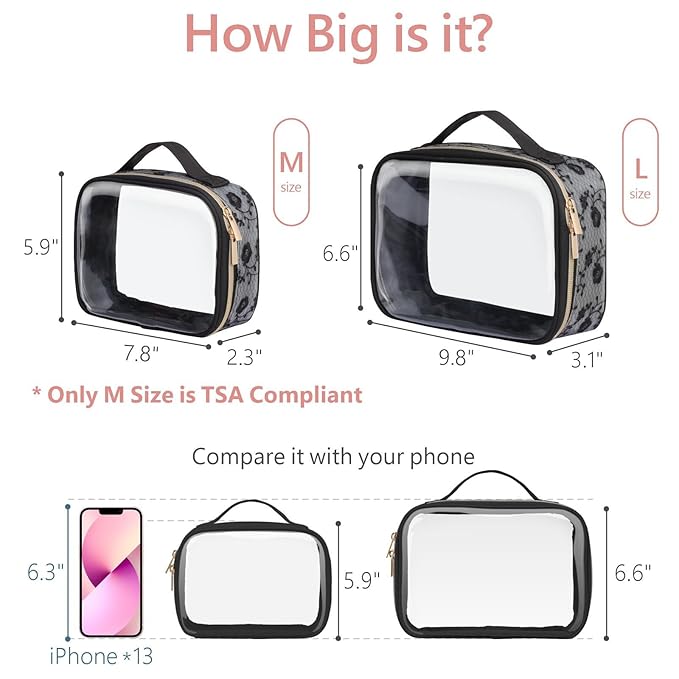 PACKISM Stylish TSA Approved Toiletry Bag Set, Floral Lace, Clear Makeup Bag with Handle, 1 TSA Medium & 1 Large for Travel, Gift for Women, Black