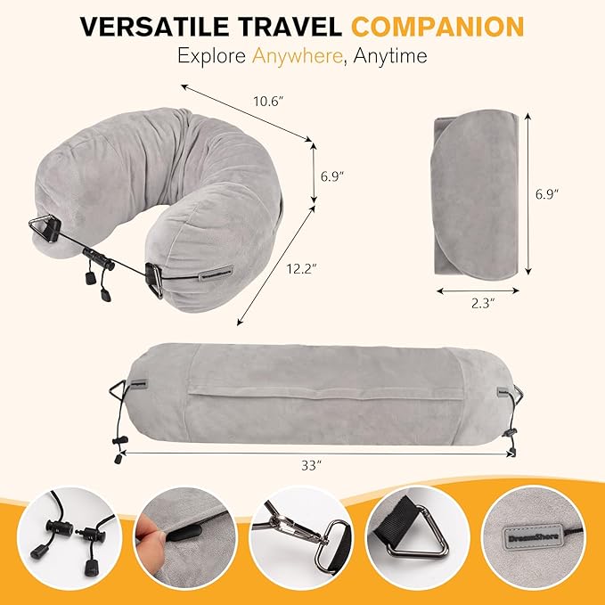 DreamShore Travel Pillow for Extra Luggage: Stuffable Neck Pillow with Adjustable Neck Size | Fits 3+ Days of Travel Essentials | Transformable Carry-On Solution | Soft Velvet Cover | No Filler