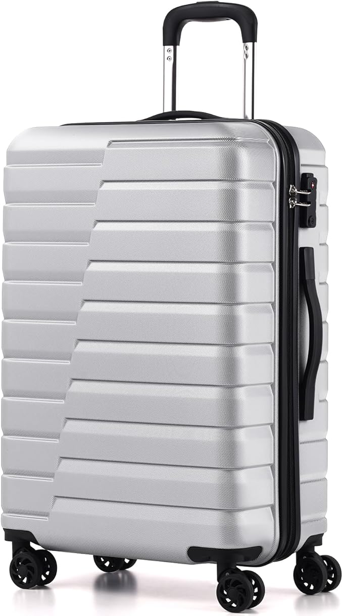 Coolife Medium Checked Luggage with Spinner Wheels, Hardside Suitcase TSA Lock Lightweight Travel Luggage 24-inch,Silver
