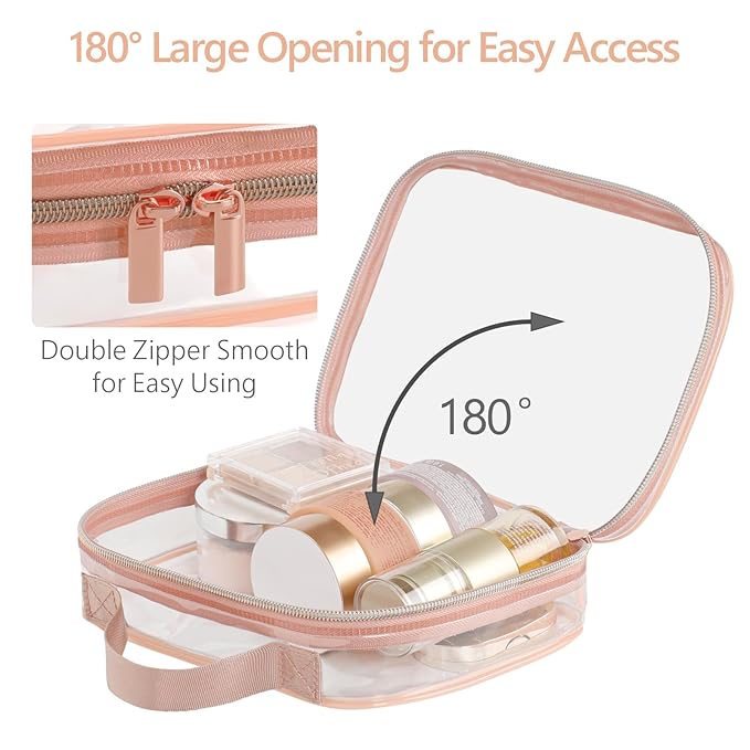 PACKISM Clear Makeup Bag Combo Pack, 1 TSA Approved Medium & Large for Checked Luggage, Clear Toiletry Bag with Handle, Water-resistant Travel Essentials Organizer, Rose Pink