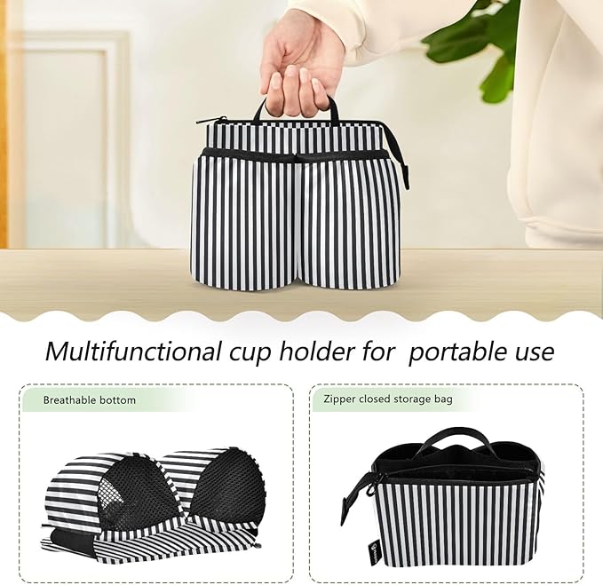 Luggage Cup Holder for Suitcases Free Hands Travel Cup Holder Portable Suitcase Cup Drink Holder Luggage Cup Caddy Bag Carrier Black and White Stripes
