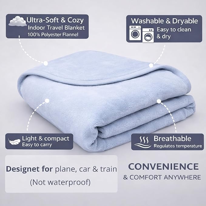Travel Blanket Airplane – Ultra Soft Flannel 40”x60”, Cozy Compact Blanket with Organizer Bag, Lightweight Comfort for Flights & Home
