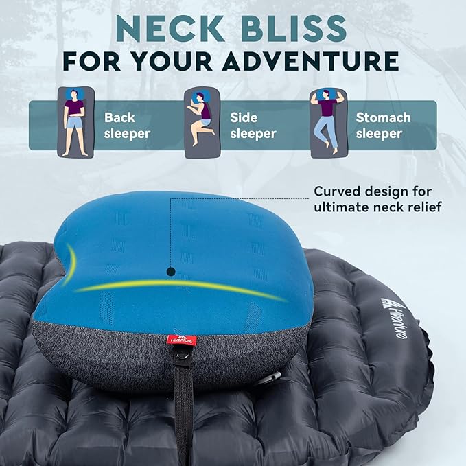 Hikenture Camping Pillow Ultralight, Inflatable Pillows with Removable Cover, Compact Portable Backpacking Pillow, Ergonomic Blow Up Camp Pillows, Washable Air Pillow for Hiking, Beach (Blue)