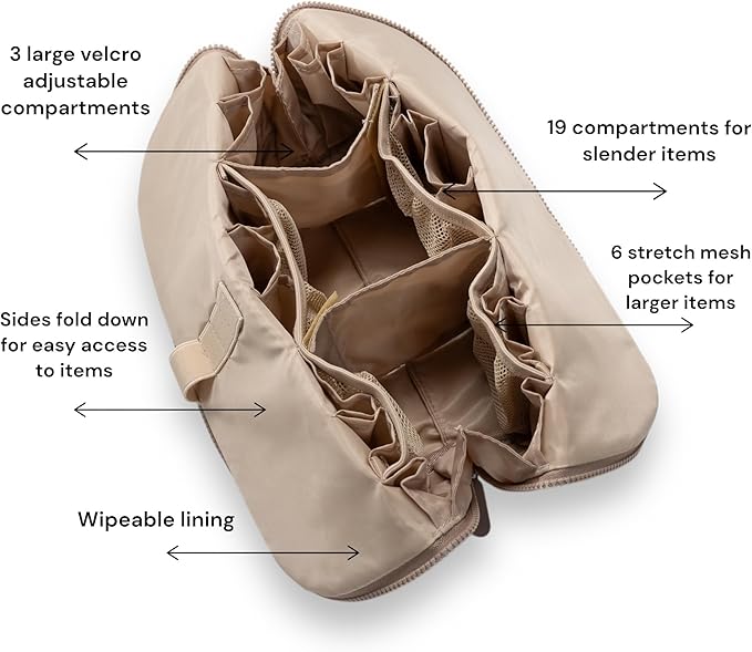 THE VERTI-Vertical Waterproof Makeup & Toiletry Bag | 23-Pocket Organizer with Upright, Fold-Down Design for Skincare, Toiletries & Essentials (Sandstone)