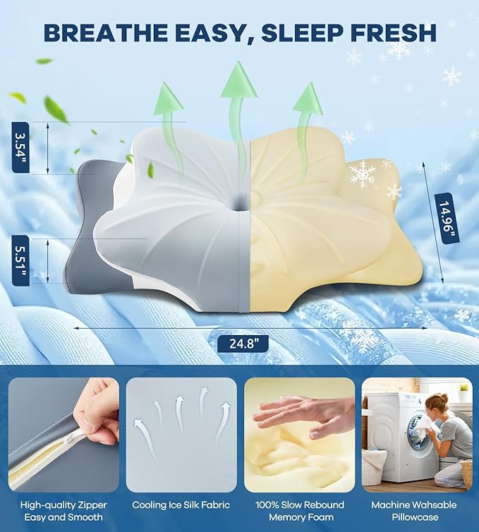 DONAMA Cervical Pillow for Neck and Shoulder Pain Relief, Cooling Contour Memory Foam Pillow, Dual-Height Ergonomic Neck Support Pillow for Side Back Stomach Sleepers with Removable Pillowcase