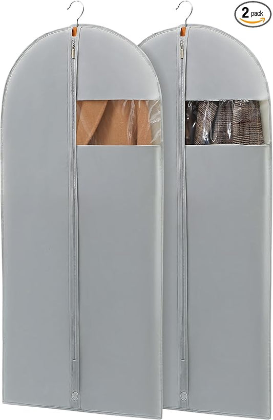 50" Garment Bags for Hanging Clothes, Suit Bags for Closet Storage and Travel, Grey Suit Cover Bags with Clear Window for Coats, Jackets, Dresses (2 Packs)