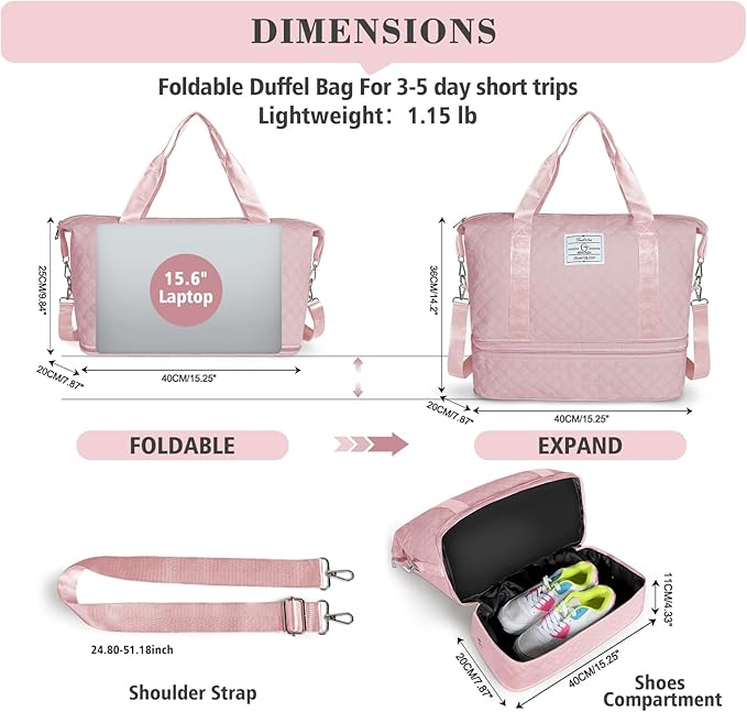 Geestock Travel Duffel Bag, Weekender Bags for Women, Carry on Overnight Bag with Shoe Compartment & Trolley Sleeve, Personal Item Travel Bags with Storage Pouch for Travel, Yoga, Gym, Hospital, Pink