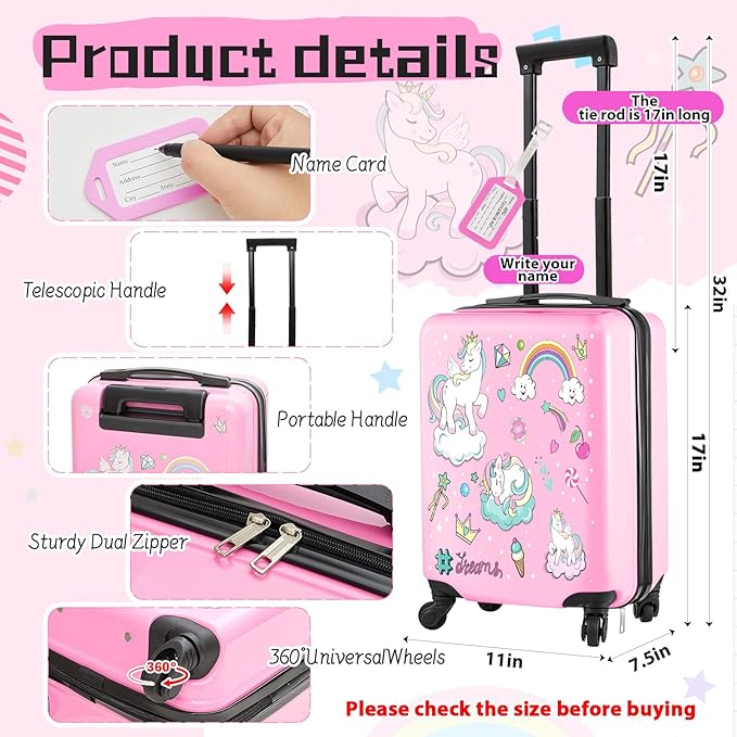 Redbaker 17 Inch 6 Pcs Kids Luggage Set Kids Rolling Luggage Double Pattern Suitcase for Boys Girls (Soft Pink, Unicorn)